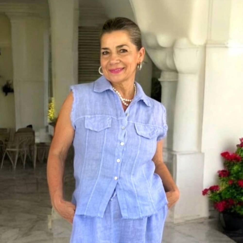 NEW JOYNA light linen waistcoat top in azzure blue